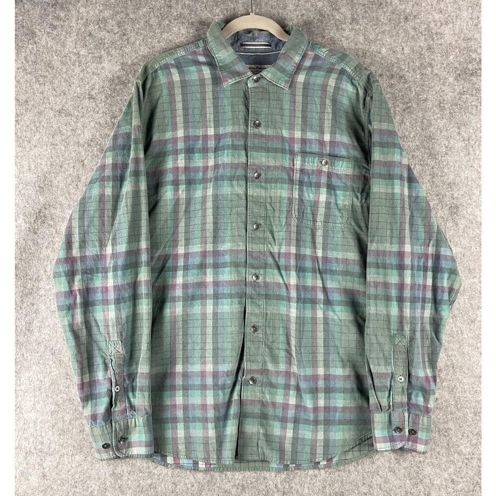 Tommy Bahama Coastline Corduroy Shirt Mens XLT Verde Plaid Button Up Soft